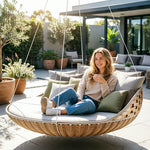 SOLARA Nordic Double Hanging Swing Sofa with Eco Friendly PE Rattan Steel Frame Handwoven Design Comfortable Cushion for Balcony Garden Patio - Wood