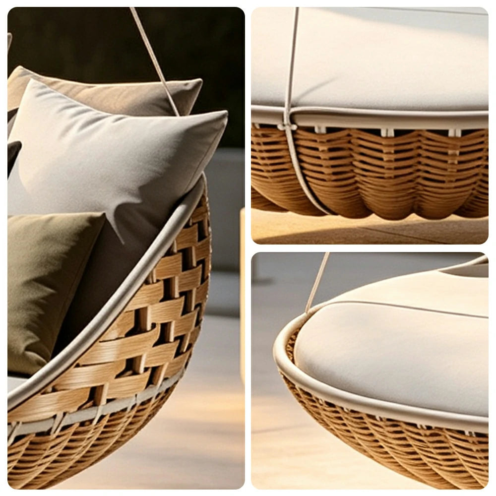 SOLARA Nordic Double Hanging Swing Sofa with Eco Friendly PE Rattan Steel Frame Handwoven Design Comfortable Cushion for Balcony Garden Patio - Wood