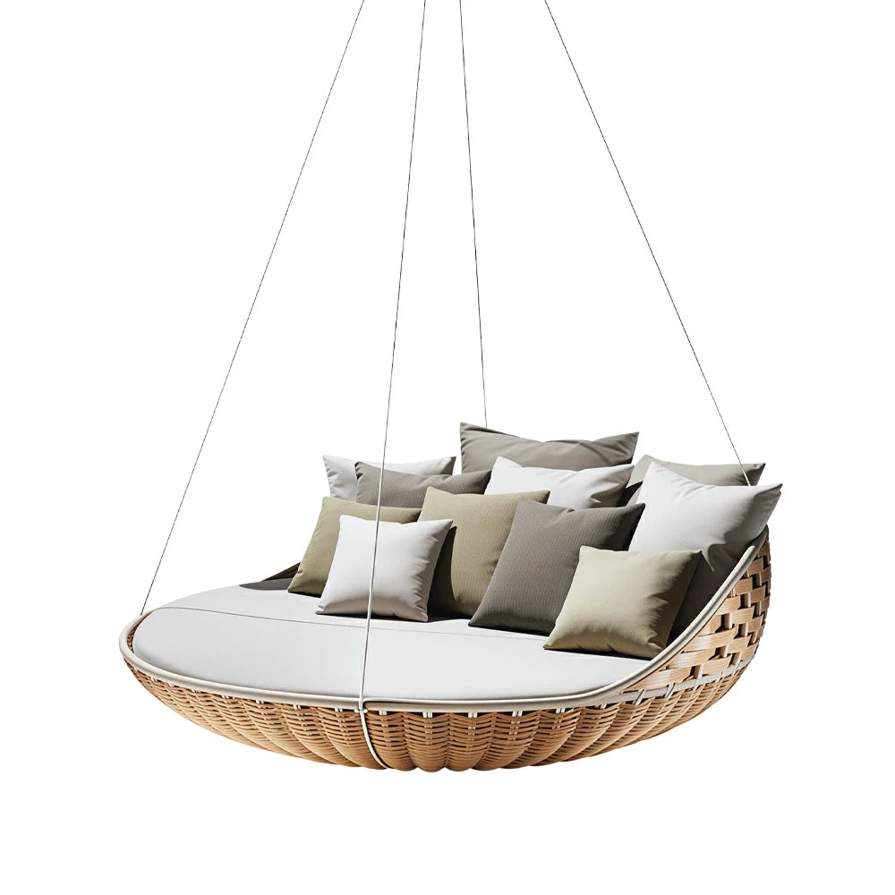 SOLARA Nordic Double Hanging Swing Sofa with Eco Friendly PE Rattan Steel Frame Handwoven Design Comfortable Cushion for Balcony Garden Patio - Wood