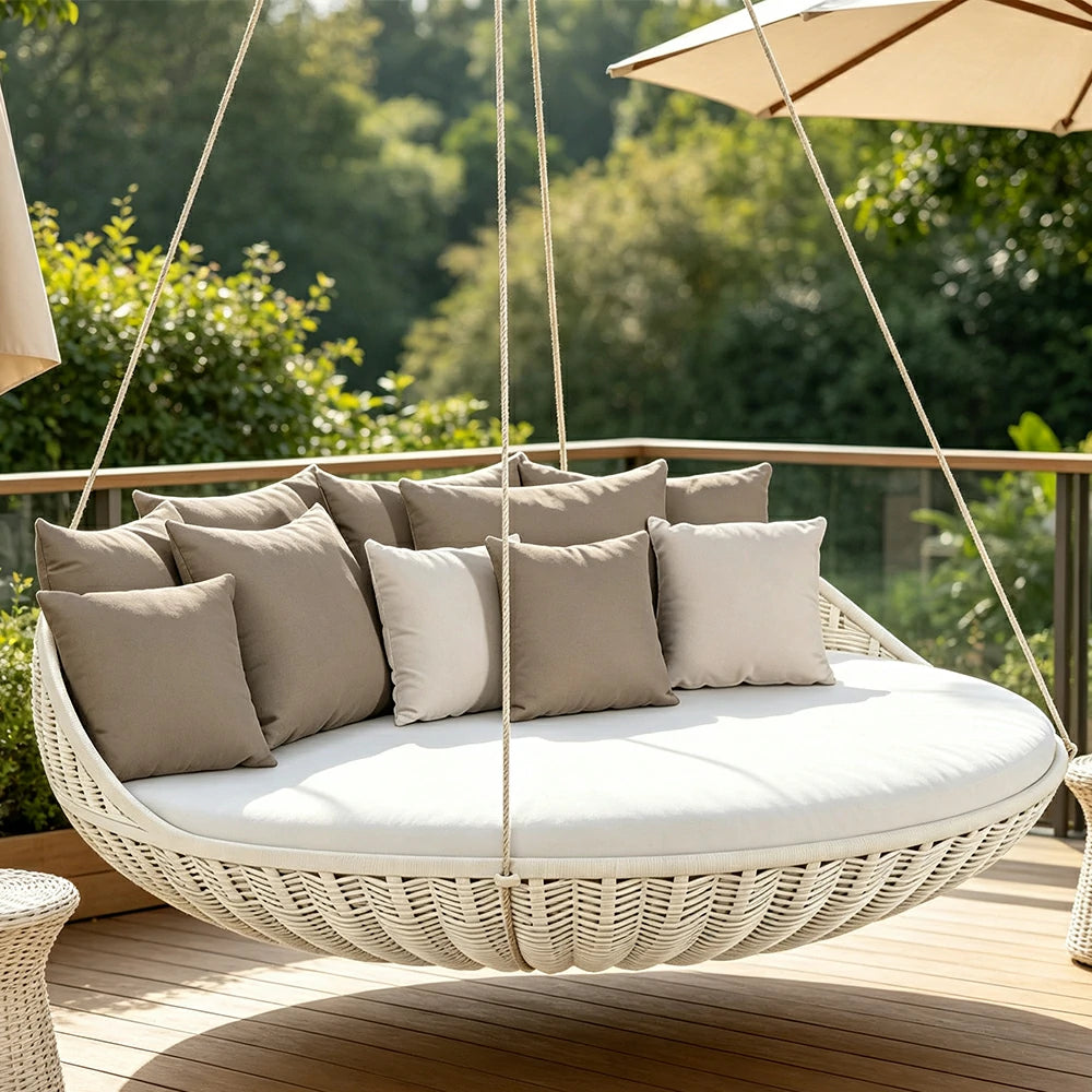SOLARA Nordic Double Hanging Swing Sofa with Eco Friendly PE Rattan Steel Frame Handwoven Design Comfortable Cushion for Balcony Garden Patio - White