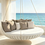 SOLARA Nordic Double Hanging Swing Sofa with Eco Friendly PE Rattan Steel Frame Handwoven Design Comfortable Cushion for Balcony Garden Patio - White