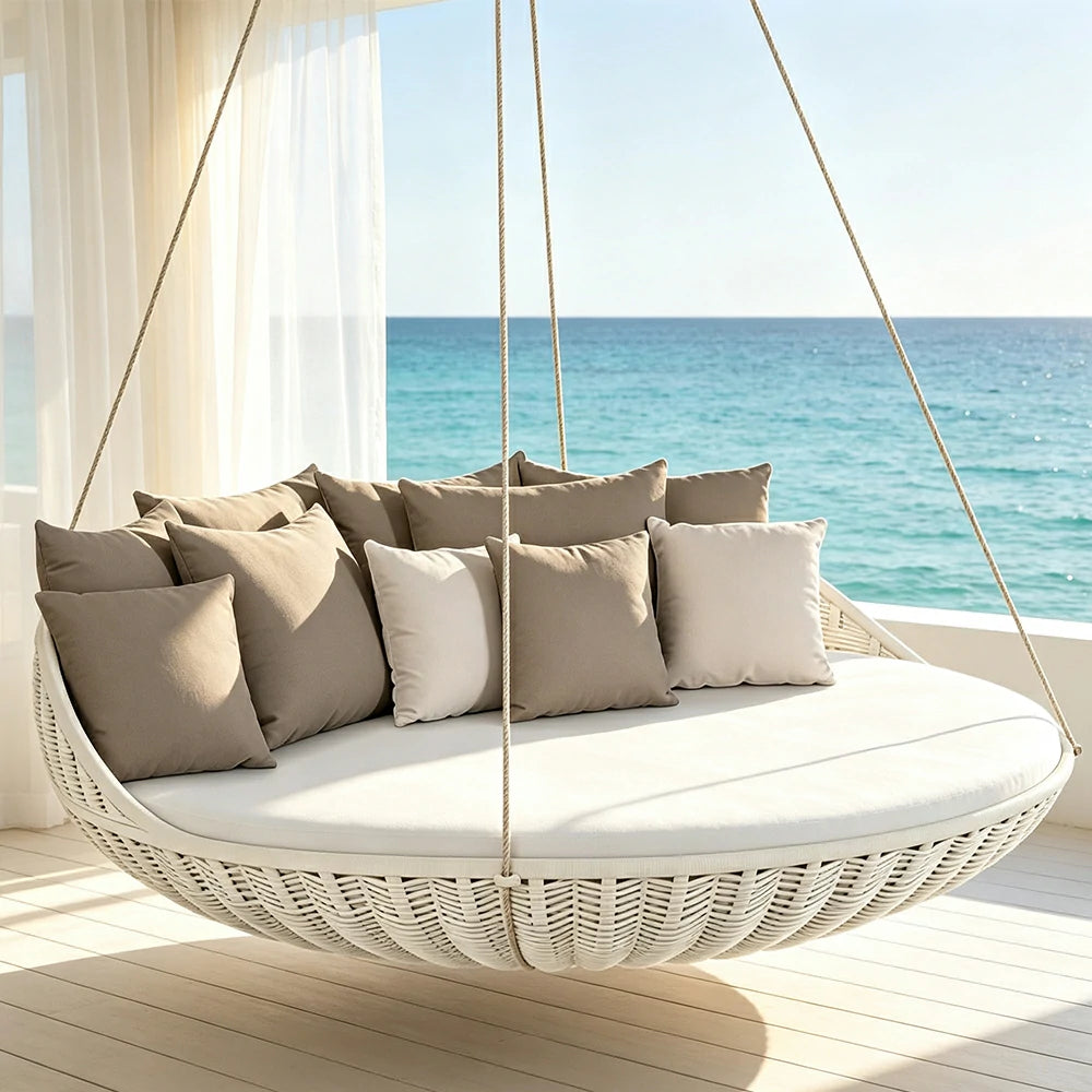 SOLARA Nordic Double Hanging Swing Sofa with Eco Friendly PE Rattan Steel Frame Handwoven Design Comfortable Cushion for Balcony Garden Patio - White