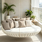 SOLARA Nordic Double Hanging Swing Sofa with Eco Friendly PE Rattan Steel Frame Handwoven Design Comfortable Cushion for Balcony Garden Patio - White