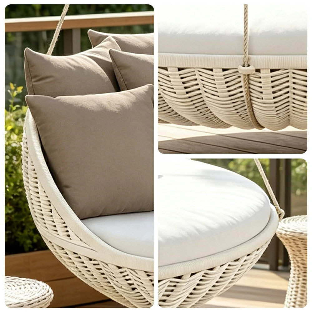 SOLARA Nordic Double Hanging Swing Sofa with Eco Friendly PE Rattan Steel Frame Handwoven Design Comfortable Cushion for Balcony Garden Patio - White