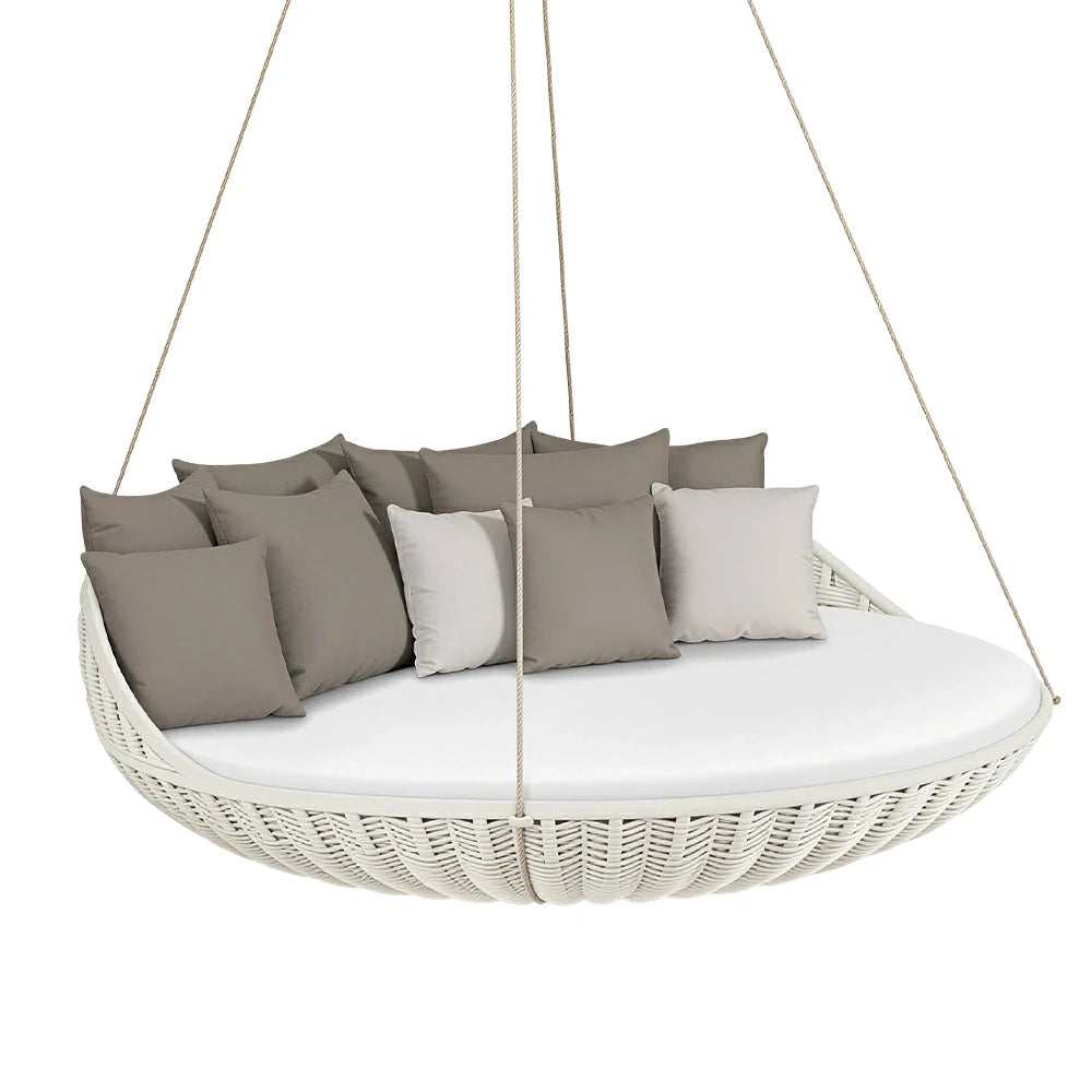 SOLARA Nordic Double Hanging Swing Sofa with Eco Friendly PE Rattan Steel Frame Handwoven Design Comfortable Cushion for Balcony Garden Patio - White