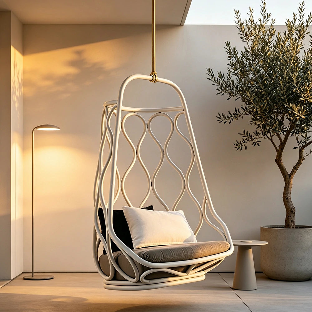 SOLARA Simple Hanging Basket Chair with PE Rattan Weaving Aluminium Alloy Frame Soft Cushion Swing Chair for Balcony Garden Patio Living Room