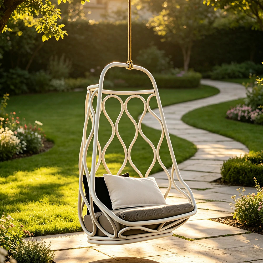 SOLARA Simple Hanging Basket Chair with PE Rattan Weaving Aluminium Alloy Frame Soft Cushion Swing Chair for Balcony Garden Patio Living Room