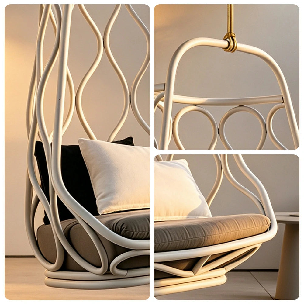 SOLARA Simple Hanging Basket Chair with PE Rattan Weaving Aluminium Alloy Frame Soft Cushion Swing Chair for Balcony Garden Patio Living Room