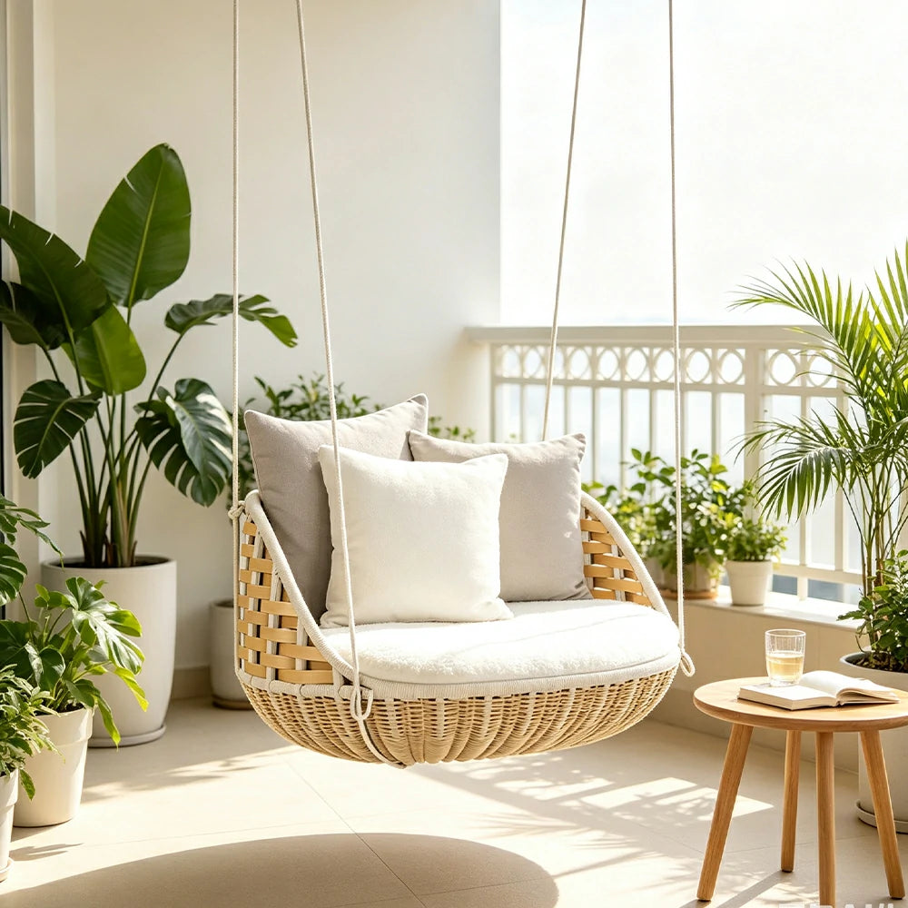 SOLARA Nordic Single Swivel Hanging Chair with 360 Degree Rotation PE Rattan Aluminium Frame Water Resistant Cushion for Balcony Garden Patio Indoor Leisure - Wood
