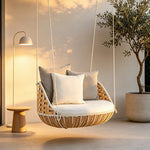 SOLARA Nordic Single Swivel Hanging Chair with 360 Degree Rotation PE Rattan Aluminium Frame Water Resistant Cushion for Balcony Garden Patio Indoor Leisure - Wood