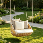 SOLARA Nordic Single Swivel Hanging Chair with 360 Degree Rotation PE Rattan Aluminium Frame Water Resistant Cushion for Balcony Garden Patio Indoor Leisure - Wood
