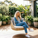 SOLARA Nordic Single Swivel Hanging Chair with 360 Degree Rotation PE Rattan Aluminium Frame Water Resistant Cushion for Balcony Garden Patio Indoor Leisure - Wood