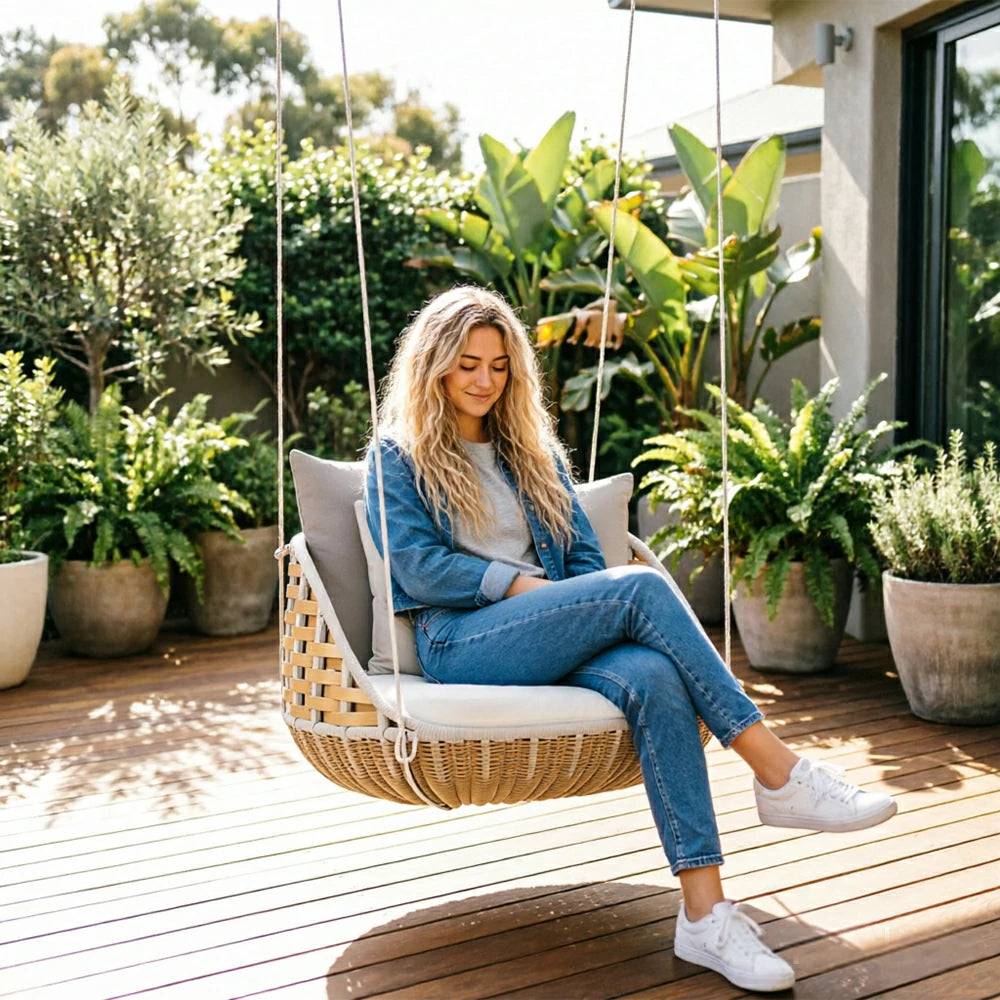 SOLARA Nordic Single Swivel Hanging Chair with 360 Degree Rotation PE Rattan Aluminium Frame Water Resistant Cushion for Balcony Garden Patio Indoor Leisure - Wood