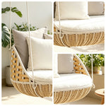 SOLARA Nordic Single Swivel Hanging Chair with 360 Degree Rotation PE Rattan Aluminium Frame Water Resistant Cushion for Balcony Garden Patio Indoor Leisure - Wood