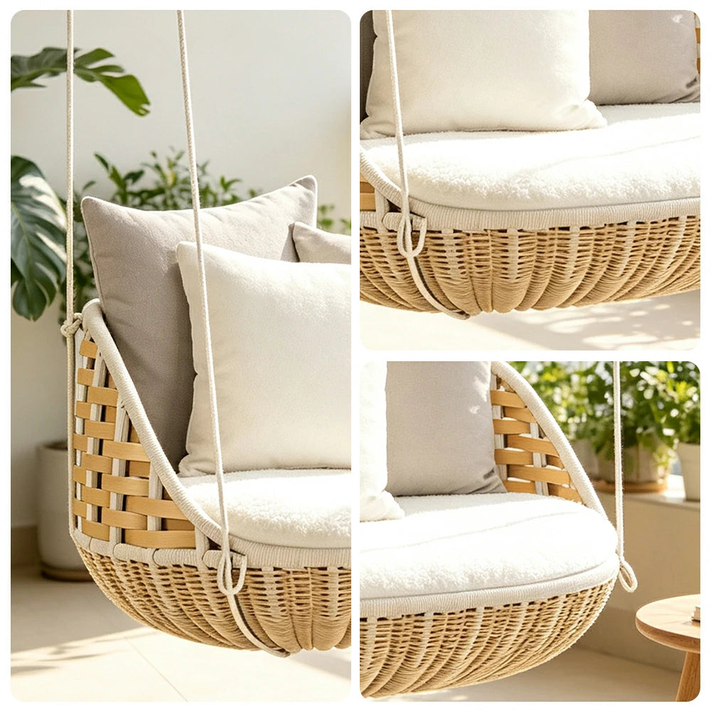 SOLARA Nordic Single Swivel Hanging Chair with 360 Degree Rotation PE Rattan Aluminium Frame Water Resistant Cushion for Balcony Garden Patio Indoor Leisure - Wood