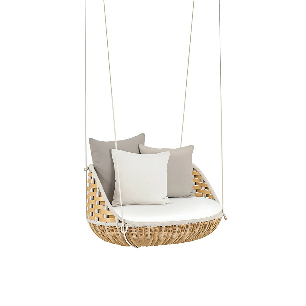 SOLARA Nordic Single Swivel Hanging Chair with 360 Degree Rotation PE Rattan Aluminium Frame Water Resistant Cushion for Balcony Garden Patio Indoor Leisure - Wood