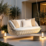 SOLARA Round Basket Double Hanging Chair with Wide PE Rattan Weaving High Density Cushion 360 Degree Swivel Seat for Indoor Outdoor Relaxation Spaces - White