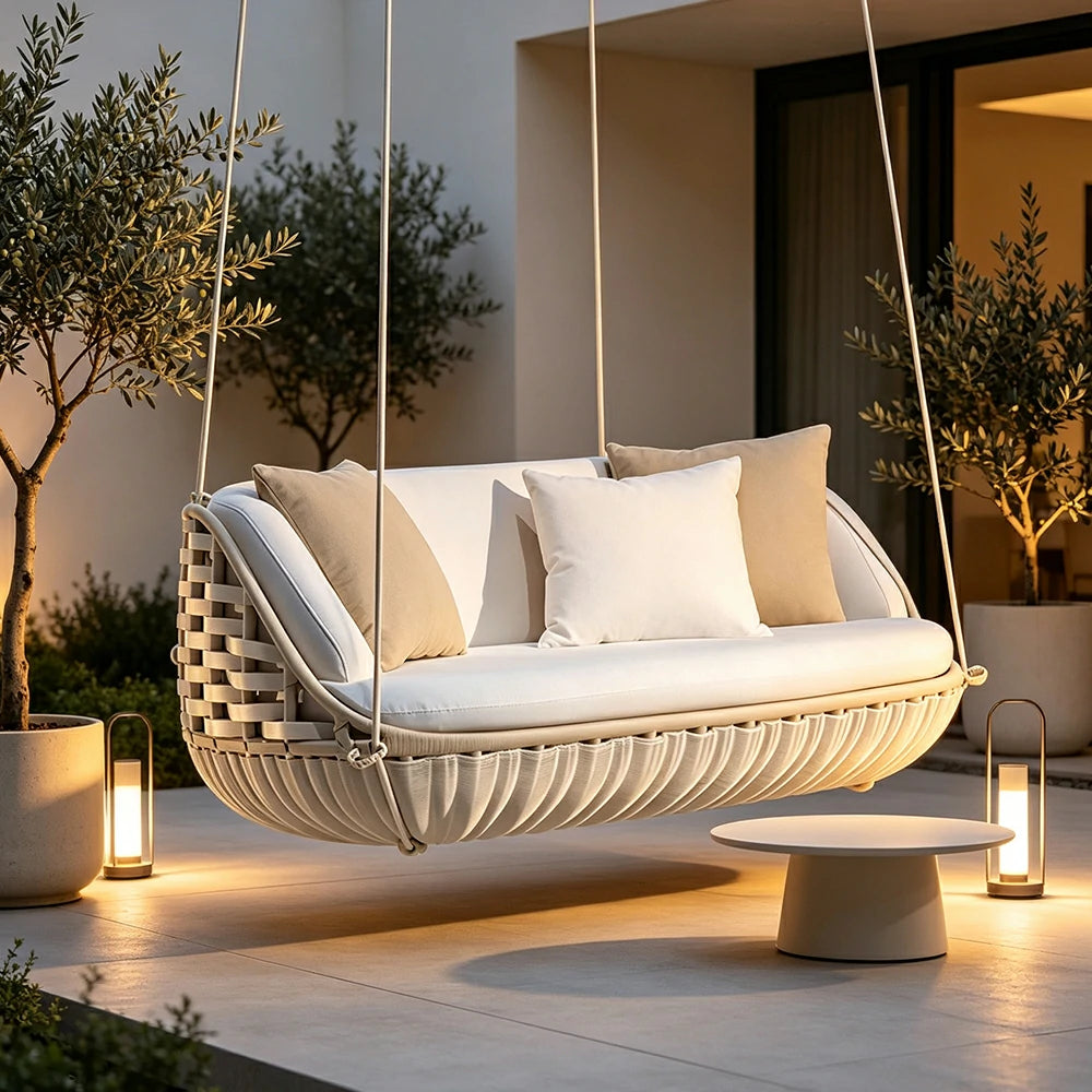 SOLARA Round Basket Double Hanging Chair with Wide PE Rattan Weaving High Density Cushion 360 Degree Swivel Seat for Indoor Outdoor Relaxation Spaces - White