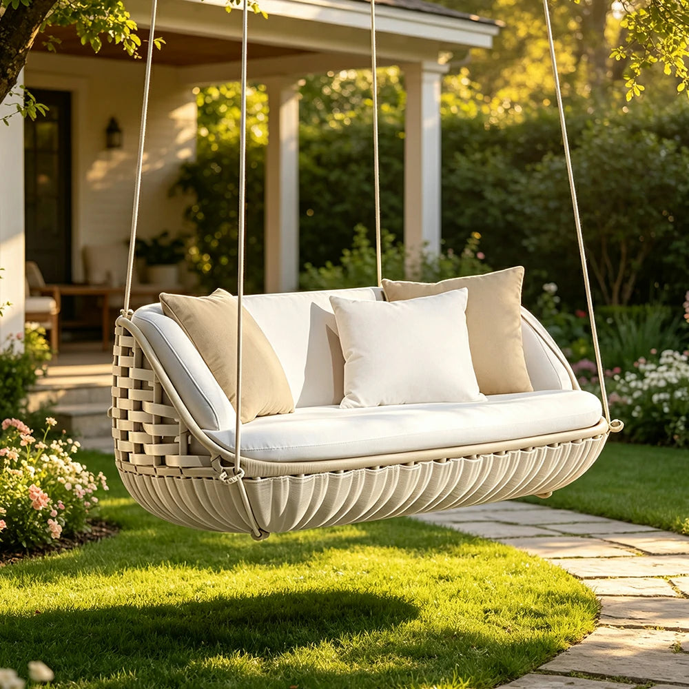 SOLARA Round Basket Double Hanging Chair with Wide PE Rattan Weaving High Density Cushion 360 Degree Swivel Seat for Indoor Outdoor Relaxation Spaces - White
