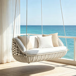 SOLARA Round Basket Double Hanging Chair with Wide PE Rattan Weaving High Density Cushion 360 Degree Swivel Seat for Indoor Outdoor Relaxation Spaces - White