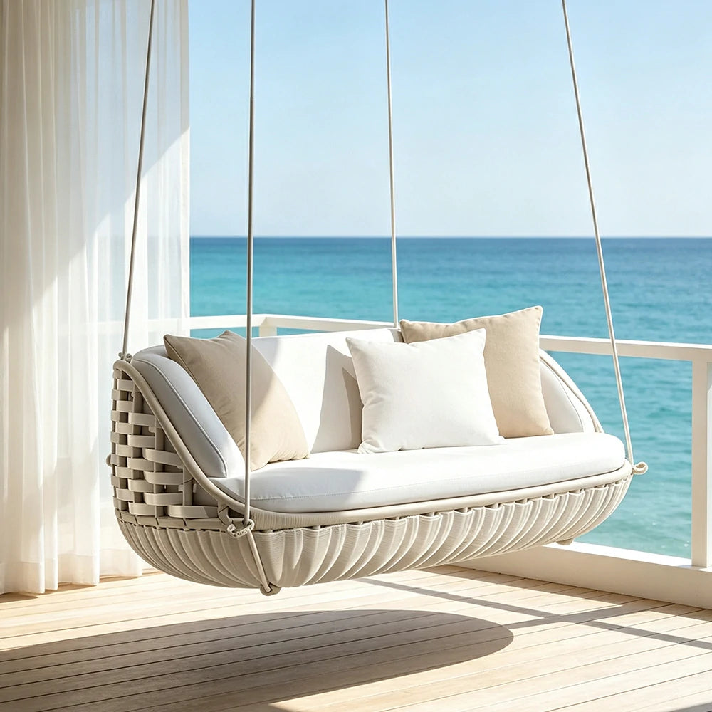 SOLARA Round Basket Double Hanging Chair with Wide PE Rattan Weaving High Density Cushion 360 Degree Swivel Seat for Indoor Outdoor Relaxation Spaces - White