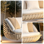 SOLARA Round Basket Double Hanging Chair with Wide PE Rattan Weaving High Density Cushion 360 Degree Swivel Seat for Indoor Outdoor Relaxation Spaces - White