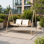 SOLARA Outdoor Rattan Double Swing Chair with Galvanised Steel Frame Strong Hanging Rope Waterproof Cushion for Garden Balcony Patio