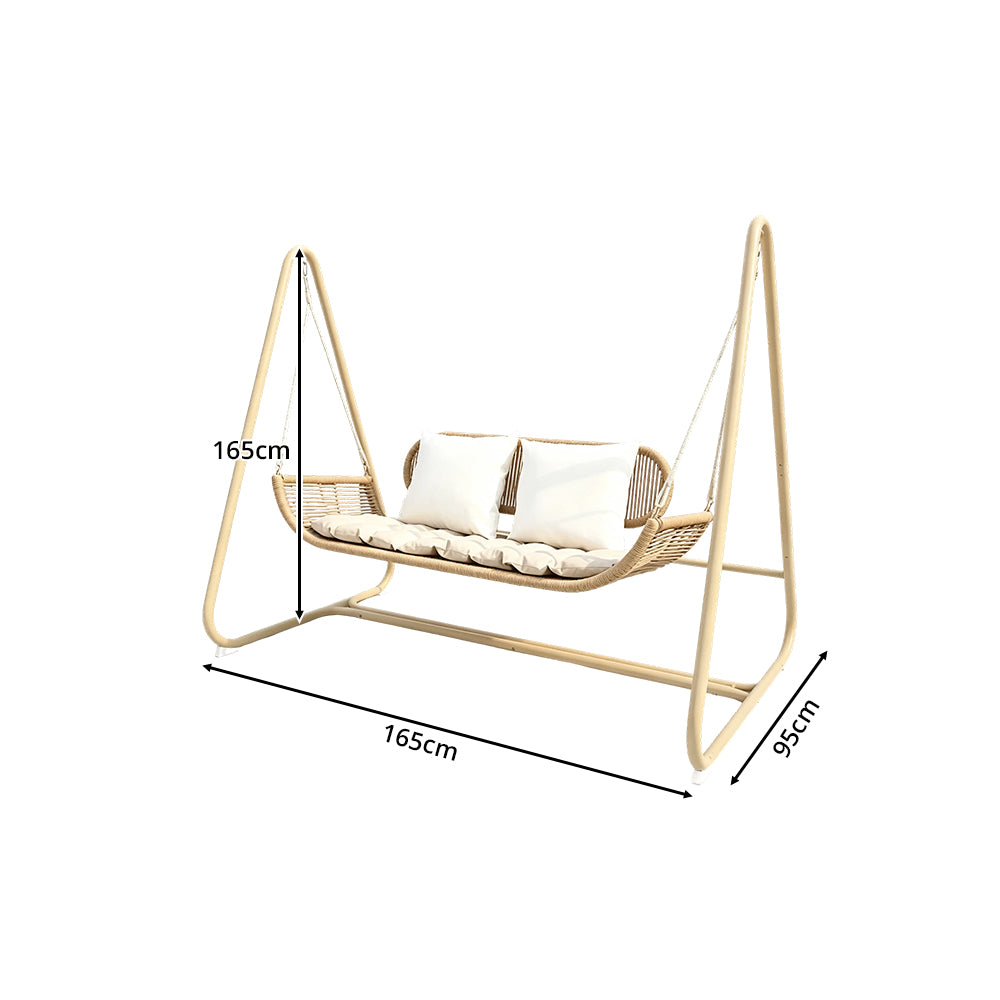 SOLARA Outdoor Rattan Double Swing Chair with Galvanised Steel Frame Strong Hanging Rope Waterproof Cushion for Garden Balcony Patio