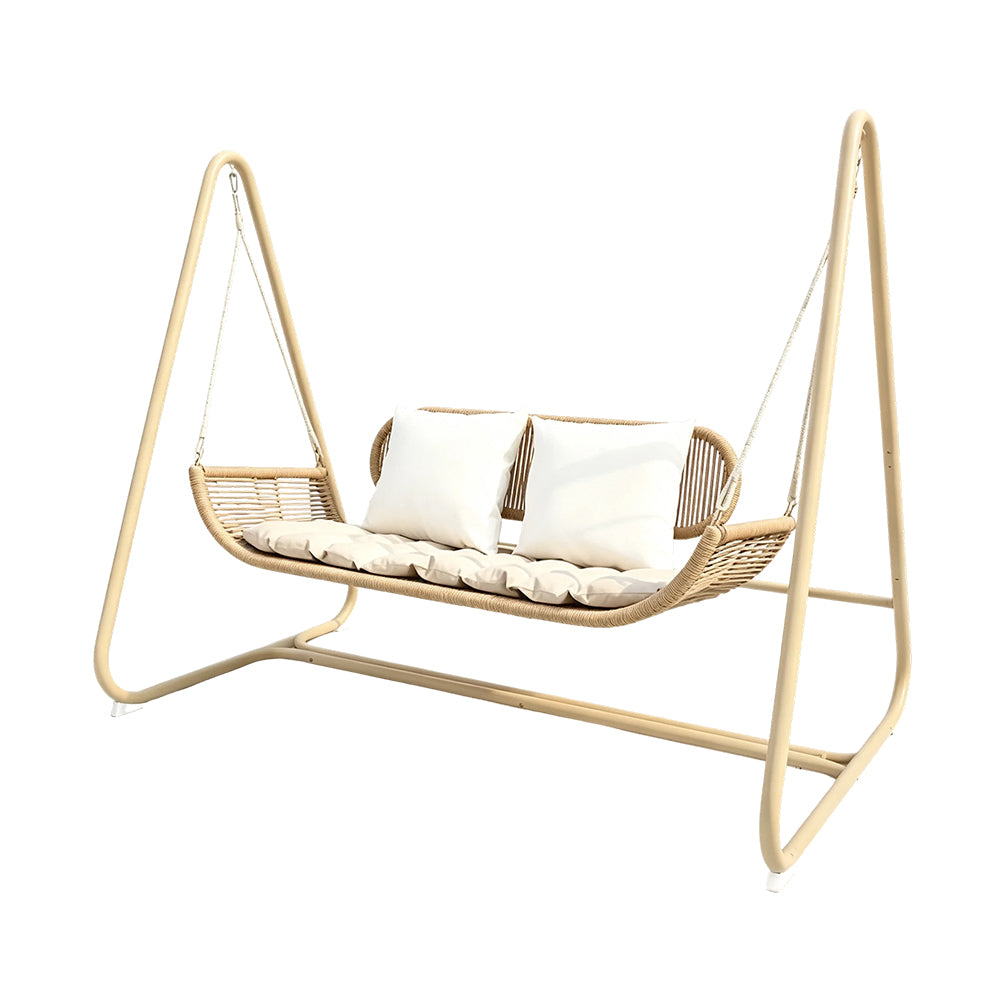 SOLARA Outdoor Rattan Double Swing Chair with Galvanised Steel Frame Strong Hanging Rope Waterproof Cushion for Garden Balcony Patio