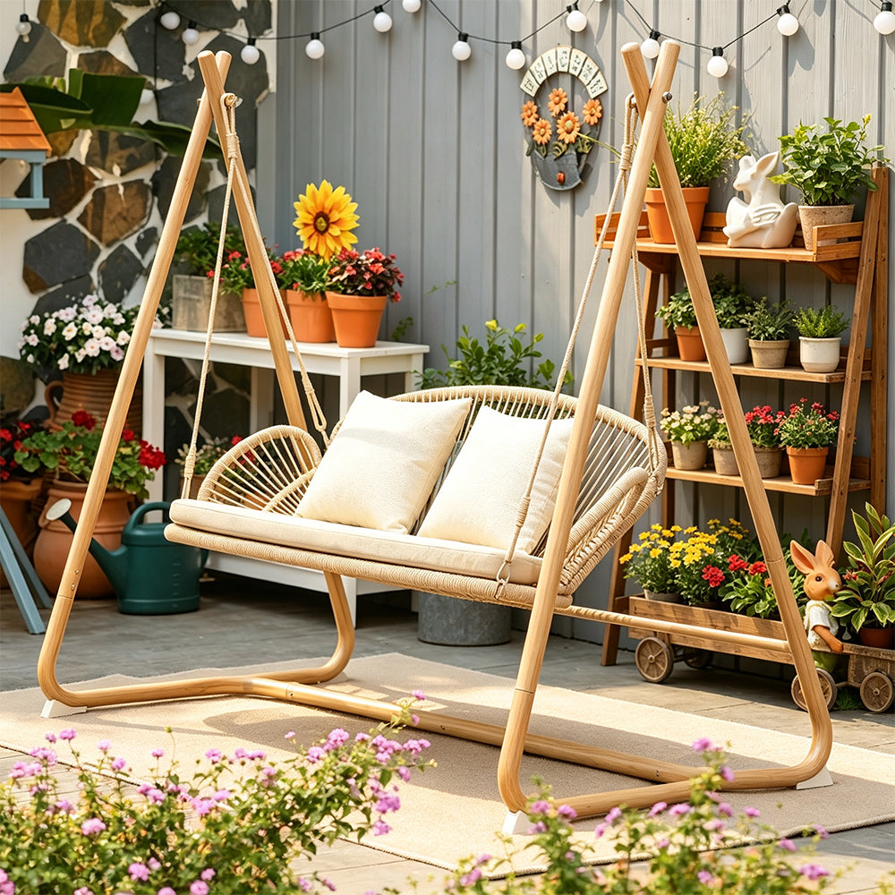 SOLARA Double Hanging Swing Sofa with Handwoven Rattan Seat Triangle Support Frame Comfortable Cushion for Indoor Outdoor Leisure Space