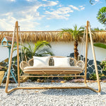 SOLARA Double Hanging Swing Sofa with Handwoven Rattan Seat Triangle Support Frame Comfortable Cushion for Indoor Outdoor Leisure Space