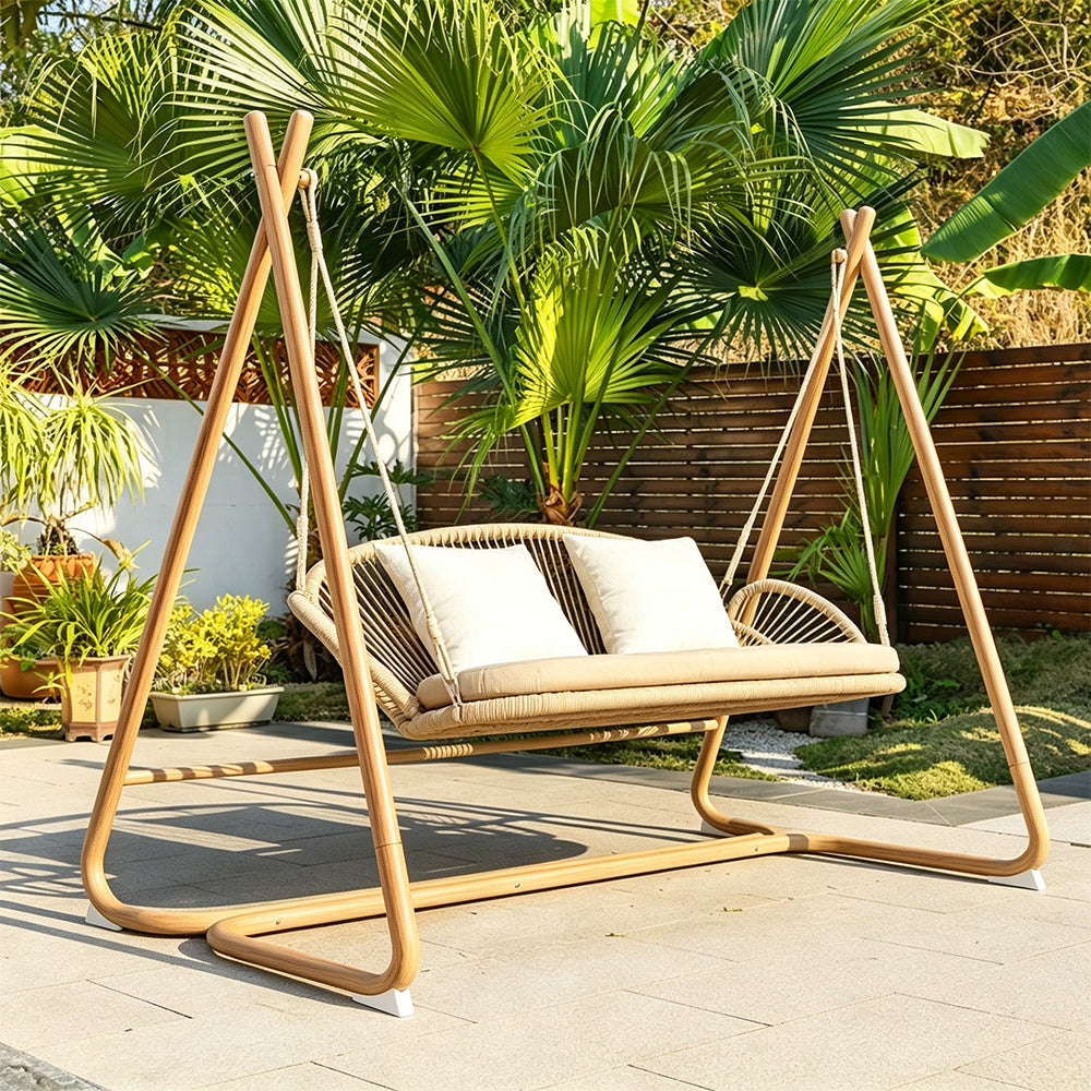 SOLARA Double Hanging Swing Sofa with Handwoven Rattan Seat Triangle Support Frame Comfortable Cushion for Indoor Outdoor Leisure Space
