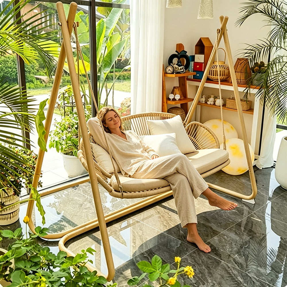 SOLARA Double Hanging Swing Sofa with Handwoven Rattan Seat Triangle Support Frame Comfortable Cushion for Indoor Outdoor Leisure Space
