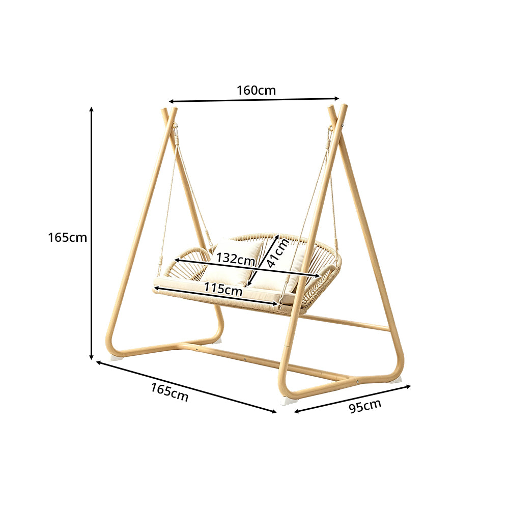 SOLARA Double Hanging Swing Sofa with Handwoven Rattan Seat Triangle Support Frame Comfortable Cushion for Indoor Outdoor Leisure Space