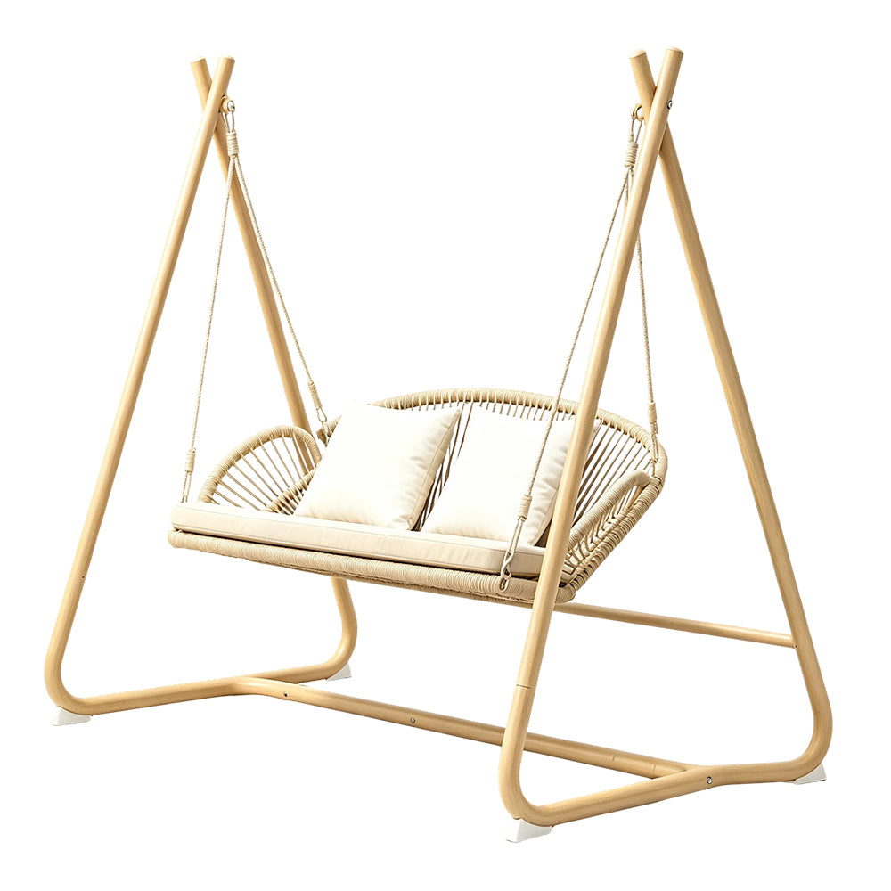 SOLARA Double Hanging Swing Sofa with Handwoven Rattan Seat Triangle Support Frame Comfortable Cushion for Indoor Outdoor Leisure Space