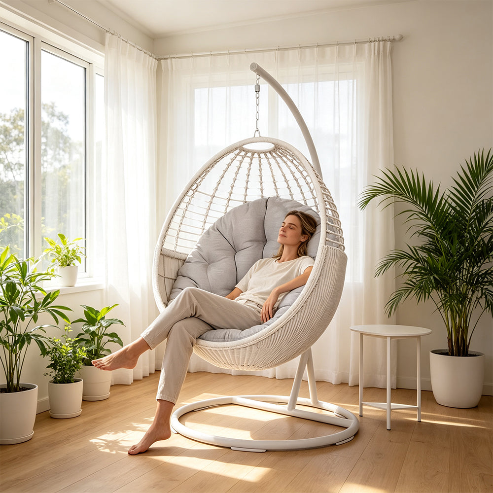 SOLARA Egg Hanging Chair with PE Wicker Design Strong Steel Frame Thick Cushion Shock Absorbing Hook for Indoor Outdoor Leisure Spaces