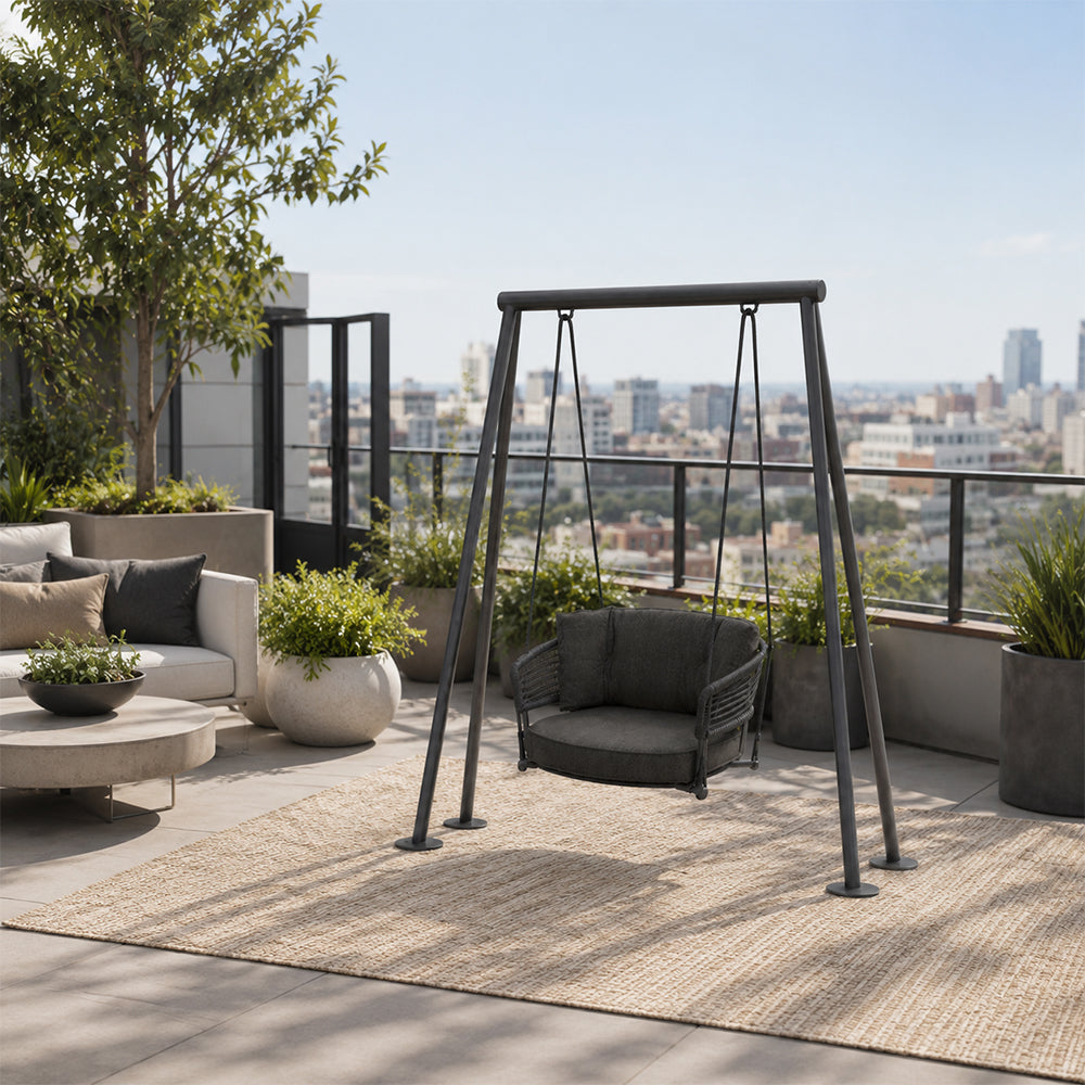 SOLARA Double Outdoor Swing Chair with Woven Rattan Seat Stable Frame Soft Cushion Hanging Swing Sofa for Garden Patio Balcony