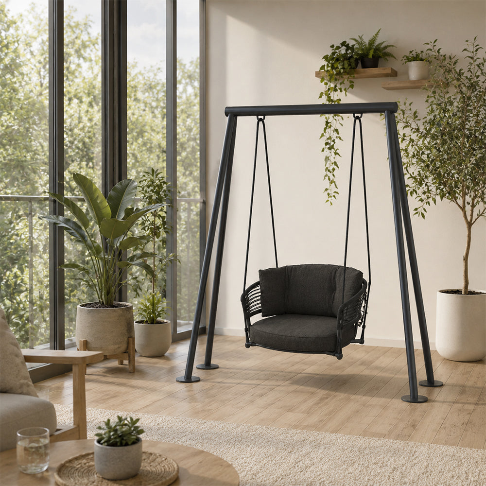 SOLARA Double Outdoor Swing Chair with Woven Rattan Seat Stable Frame Soft Cushion Hanging Swing Sofa for Garden Patio Balcony
