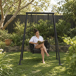SOLARA Double Outdoor Swing Chair with Woven Rattan Seat Stable Frame Soft Cushion Hanging Swing Sofa for Garden Patio Balcony
