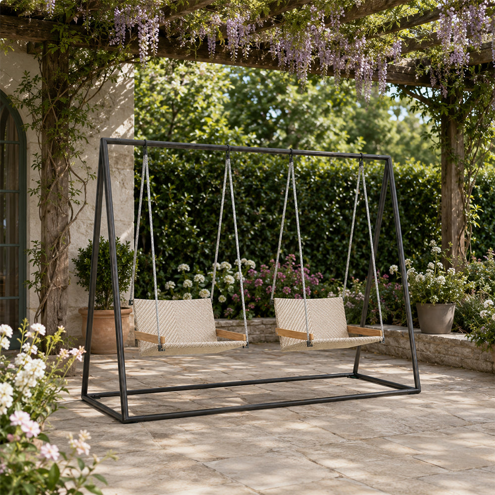 SOLARA Double Hanging Swing Sofa with Comfortable Wicker Seat Strong Support Frame Outdoor Relaxation Chair for Family Garden Patio