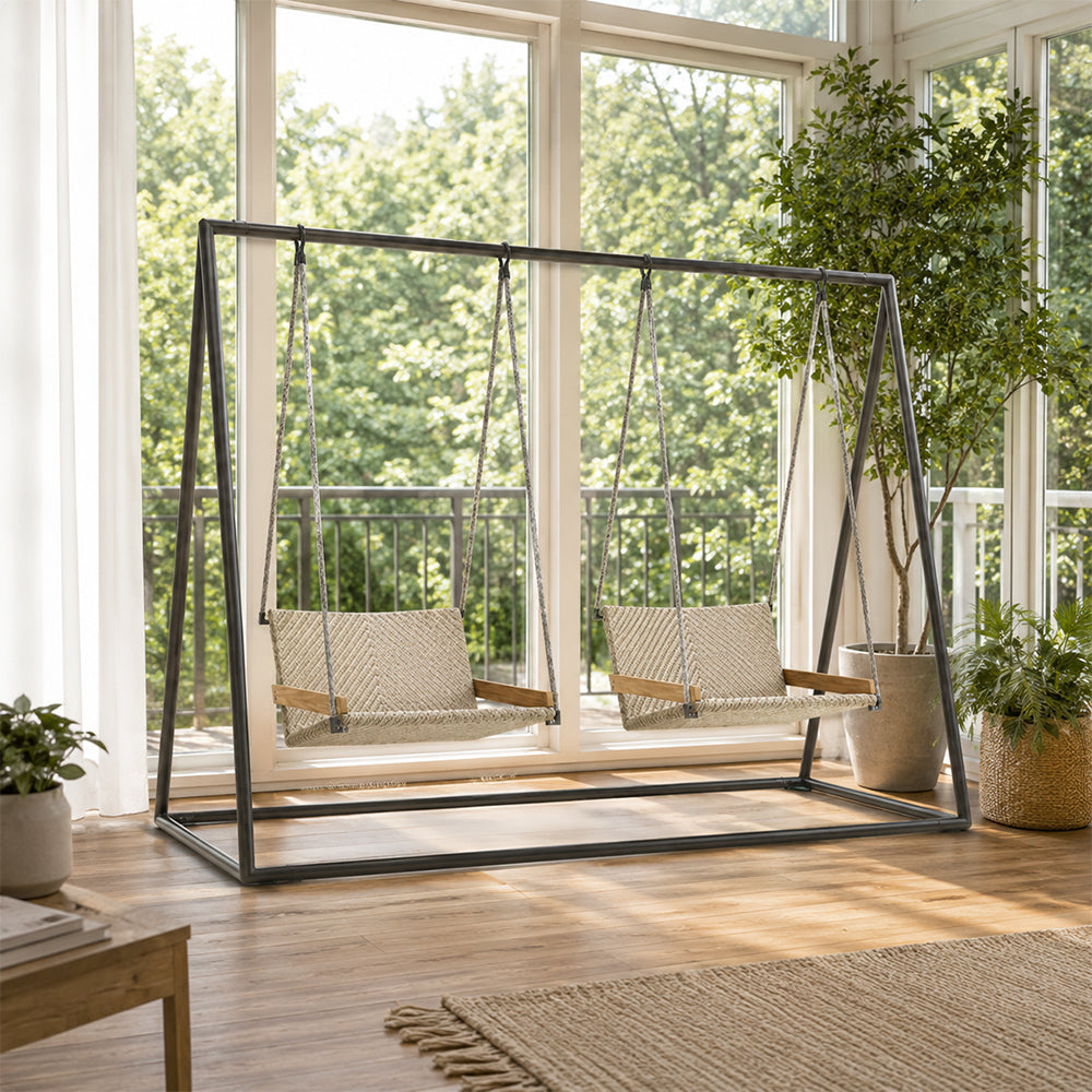SOLARA Double Hanging Swing Sofa with Comfortable Wicker Seat Strong Support Frame Outdoor Relaxation Chair for Family Garden Patio