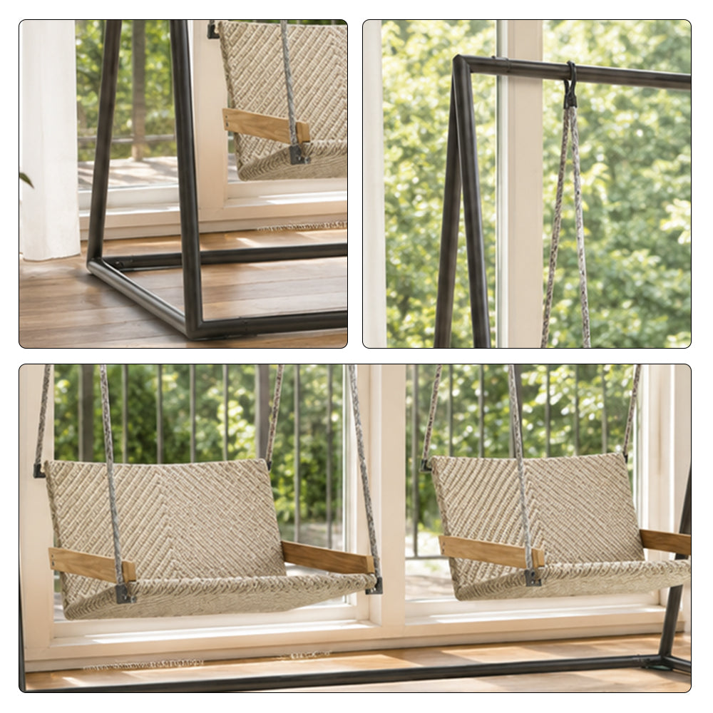 SOLARA Double Hanging Swing Sofa with Comfortable Wicker Seat Strong Support Frame Outdoor Relaxation Chair for Family Garden Patio