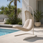 SOLARA Nest Hanging Basket Chair with PE Rattan Thick Steel Frame Large Round Base Soft Cushion Adjustable Height for Indoor Outdoor Leisure - White
