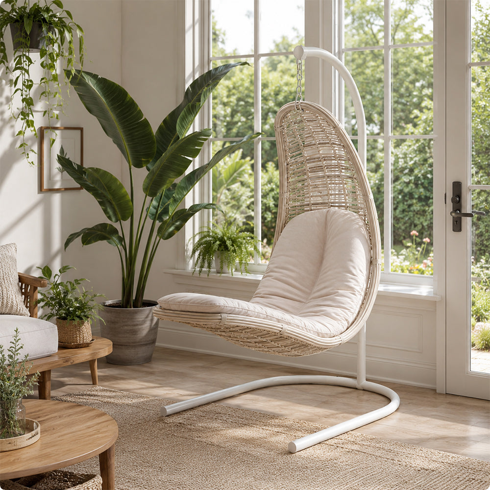 SOLARA Nest Hanging Basket Chair with PE Rattan Thick Steel Frame Large Round Base Soft Cushion Adjustable Height for Indoor Outdoor Leisure - White