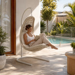 SOLARA Nest Hanging Basket Chair with PE Rattan Thick Steel Frame Large Round Base Soft Cushion Adjustable Height for Indoor Outdoor Leisure - White
