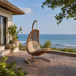 SOLARA Nest Hanging Basket Chair with PE Rattan Thick Steel Frame Large Round Base Soft Cushion Adjustable Height for Indoor Outdoor Leisure - Wood