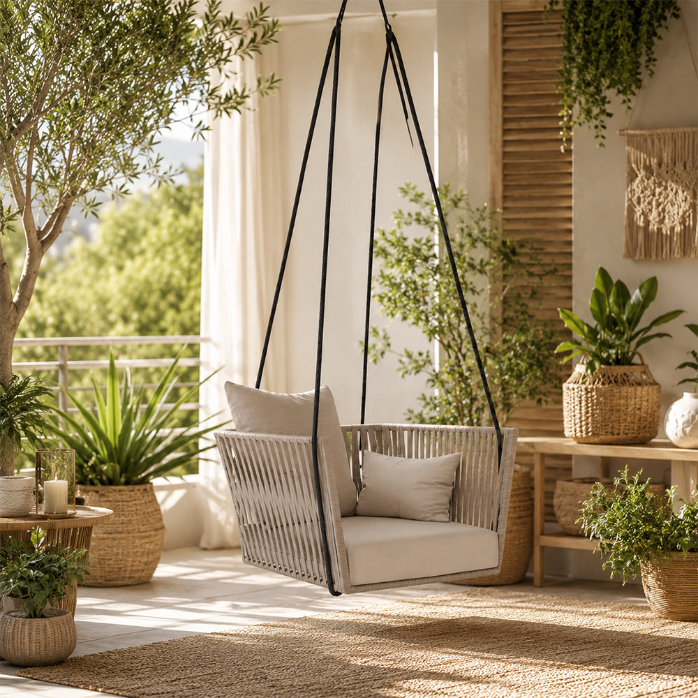 SOLARA Nordic Hanging Chair Hand-Woven Rope PE Rattan with Soft Cushion for Balcony Patio Garden - Coffee