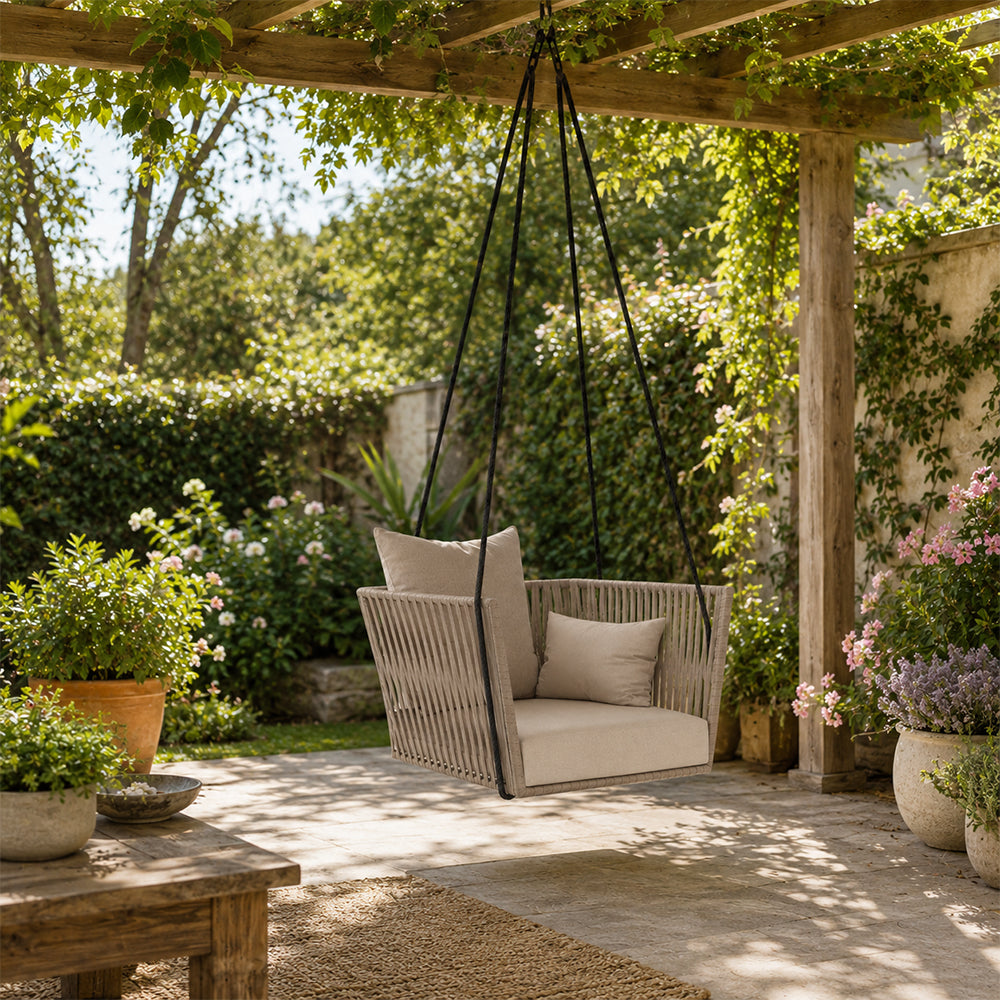 SOLARA Nordic Hanging Chair Hand-Woven Rope PE Rattan with Soft Cushion for Balcony Patio Garden - Coffee
