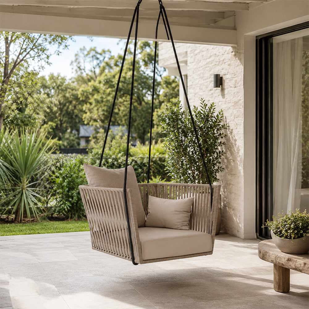 SOLARA Nordic Hanging Chair Hand-Woven Rope PE Rattan with Soft Cushion for Balcony Patio Garden - Coffee