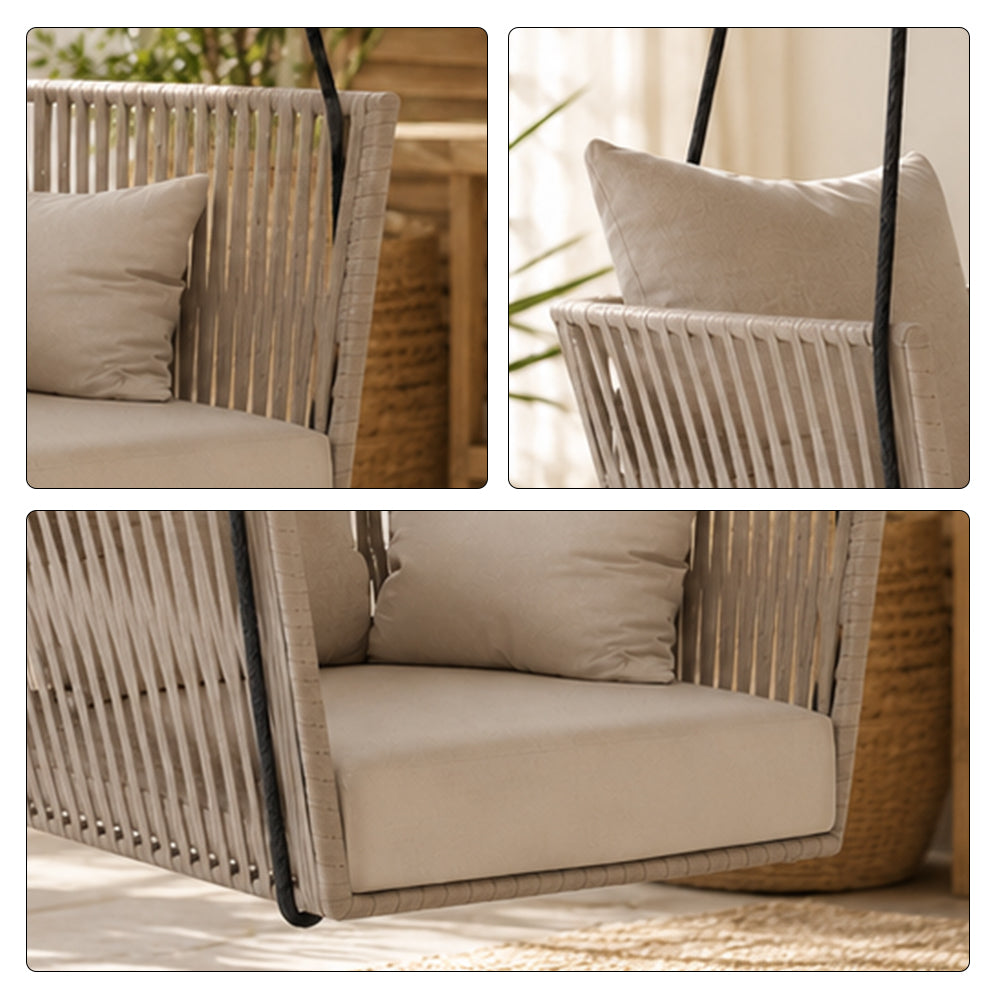 SOLARA Nordic Hanging Chair Hand-Woven Rope PE Rattan with Soft Cushion for Balcony Patio Garden - Coffee